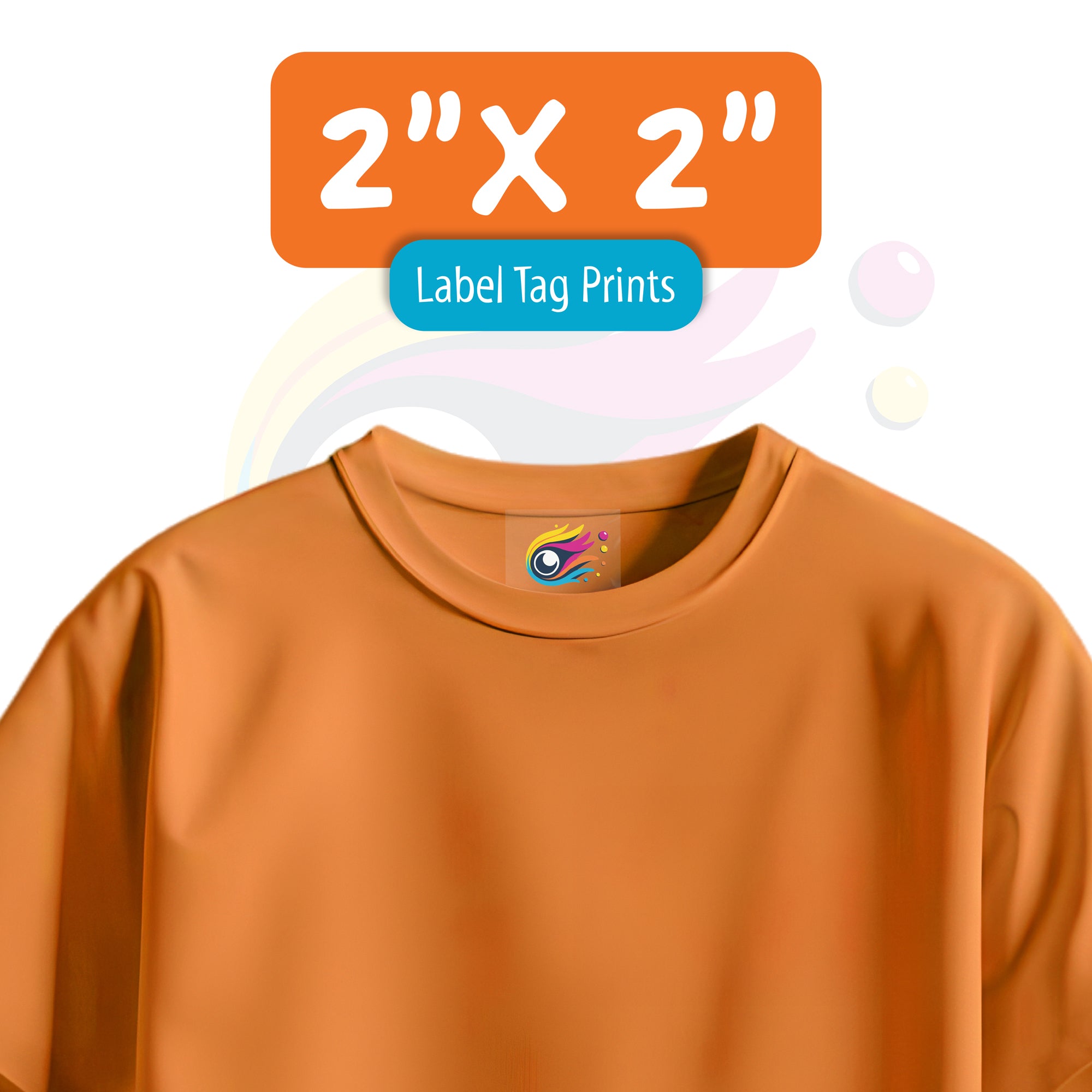 Orange t-shirt displaying a small 2x2 inch DTF label tag print example on the chest area.
