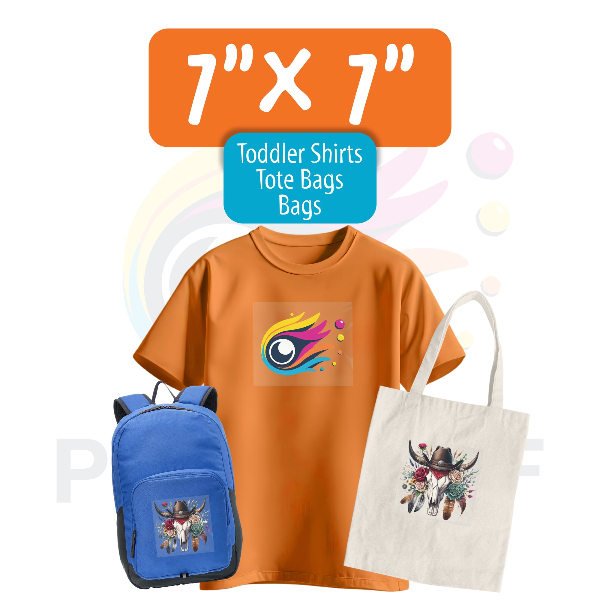 Orange toddler shirt with a 7x7 inch DTF print, shown next to a blue backpack and a tote bag.