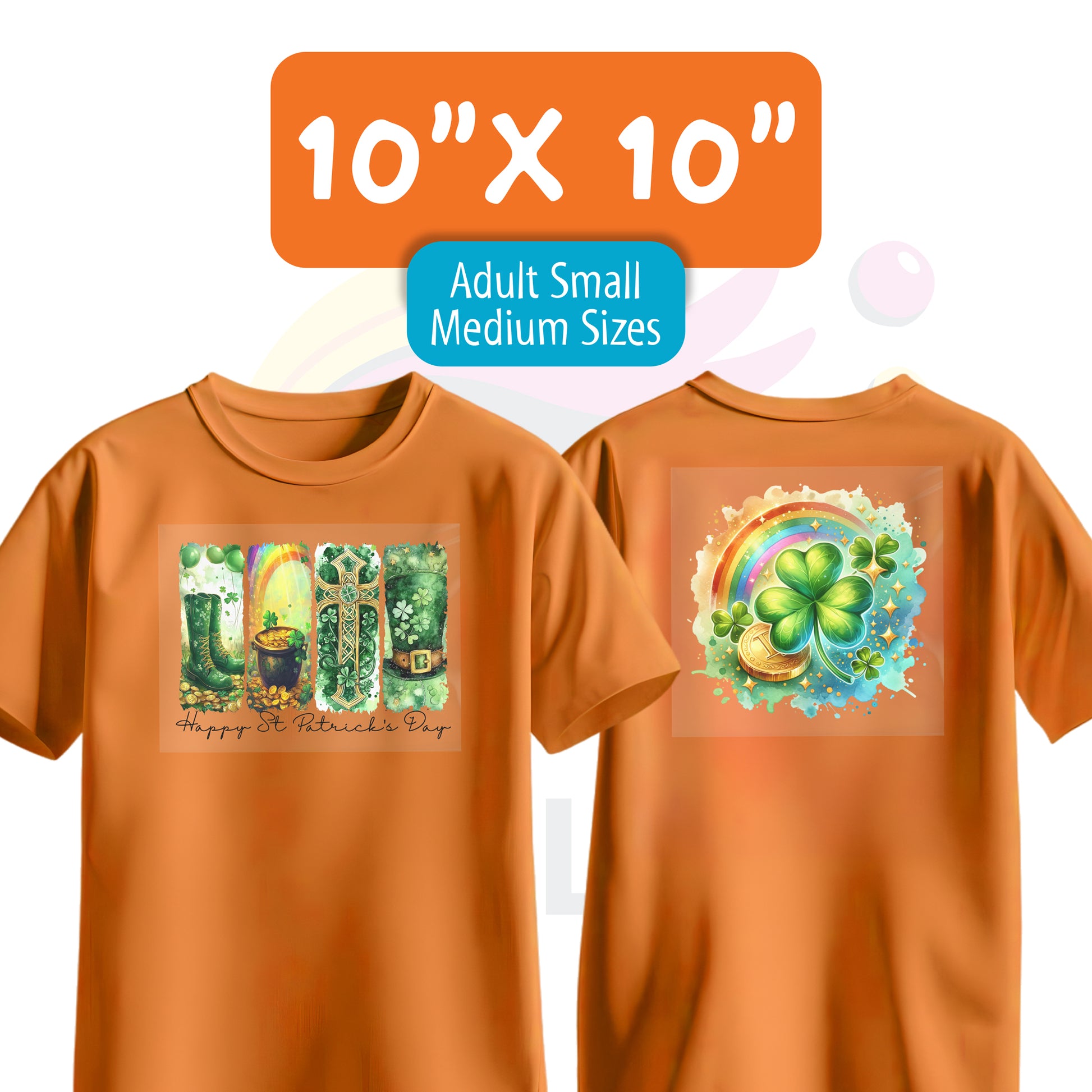Orange adult medium shirt showcasing a 10x10 inch centered DTF transfer with two design samples.