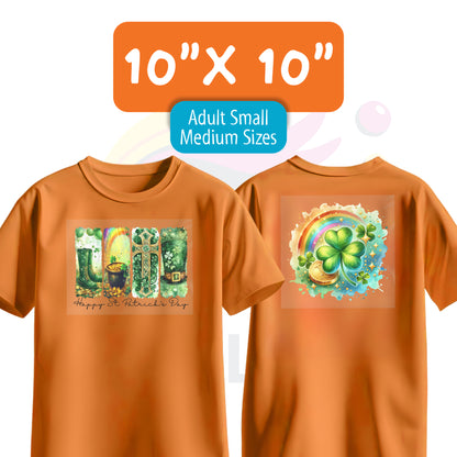 Orange adult medium shirt showcasing a 10x10 inch centered DTF transfer with two design samples.