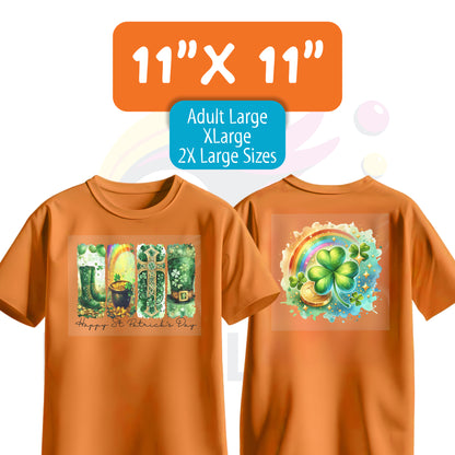 Orange adult t-shirt featuring an 11x11 inch centered DTF transfer with two sample designs.