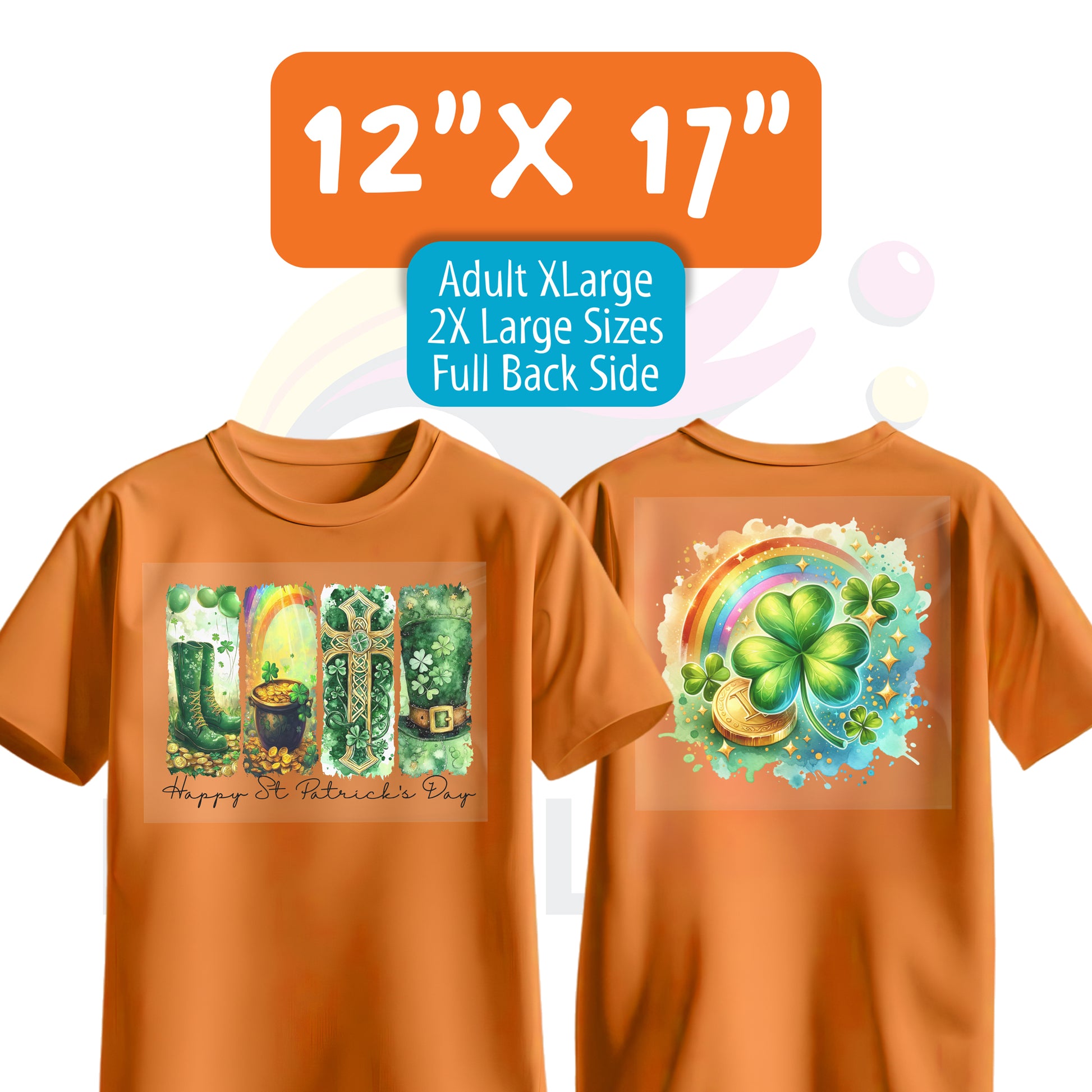 Orange adult large t-shirt showing a large 12x17 inch full back DTF transfer print.