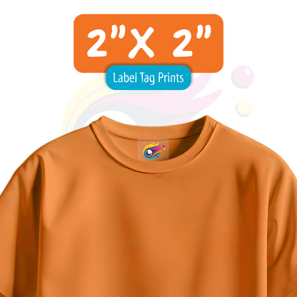 Orange t-shirt displaying a small 2x2 inch DTF label tag print example on the chest area.