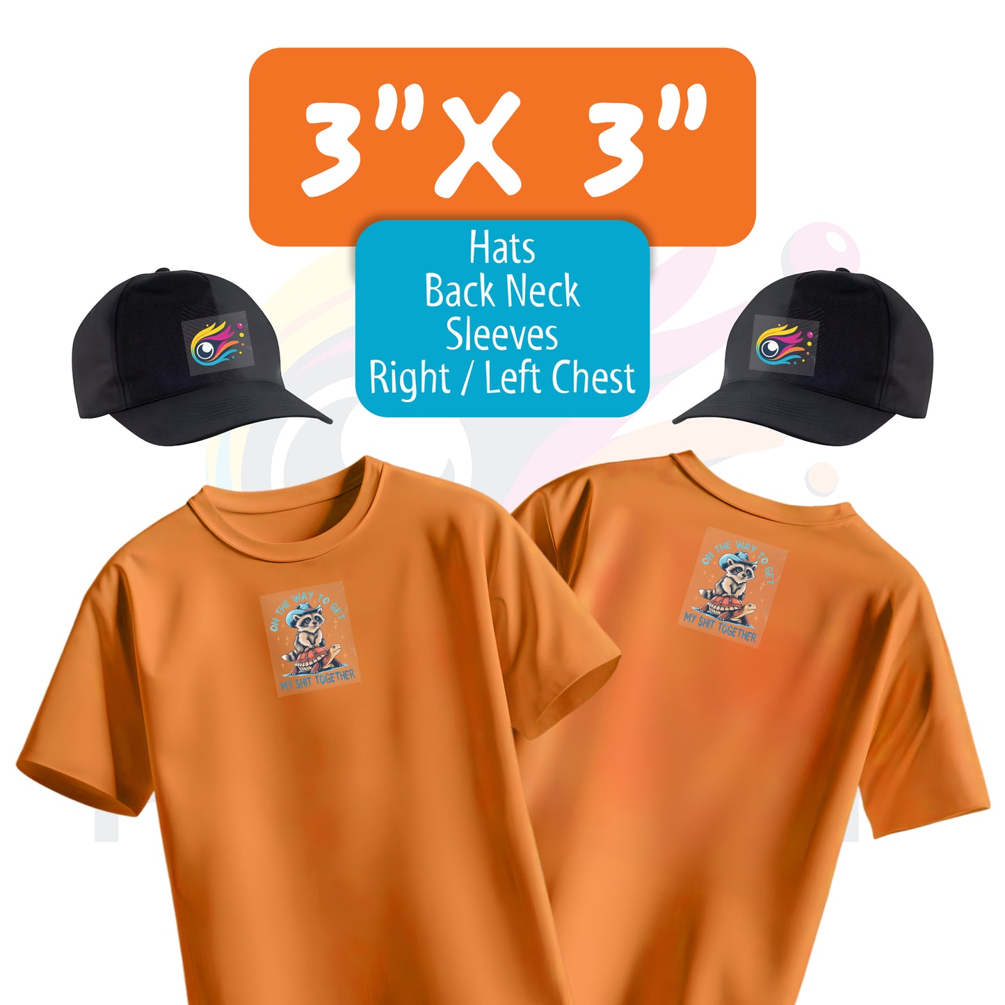 Orange t-shirts and hats displaying a 3x3 inch small DTF transfer for left or right chest placement.