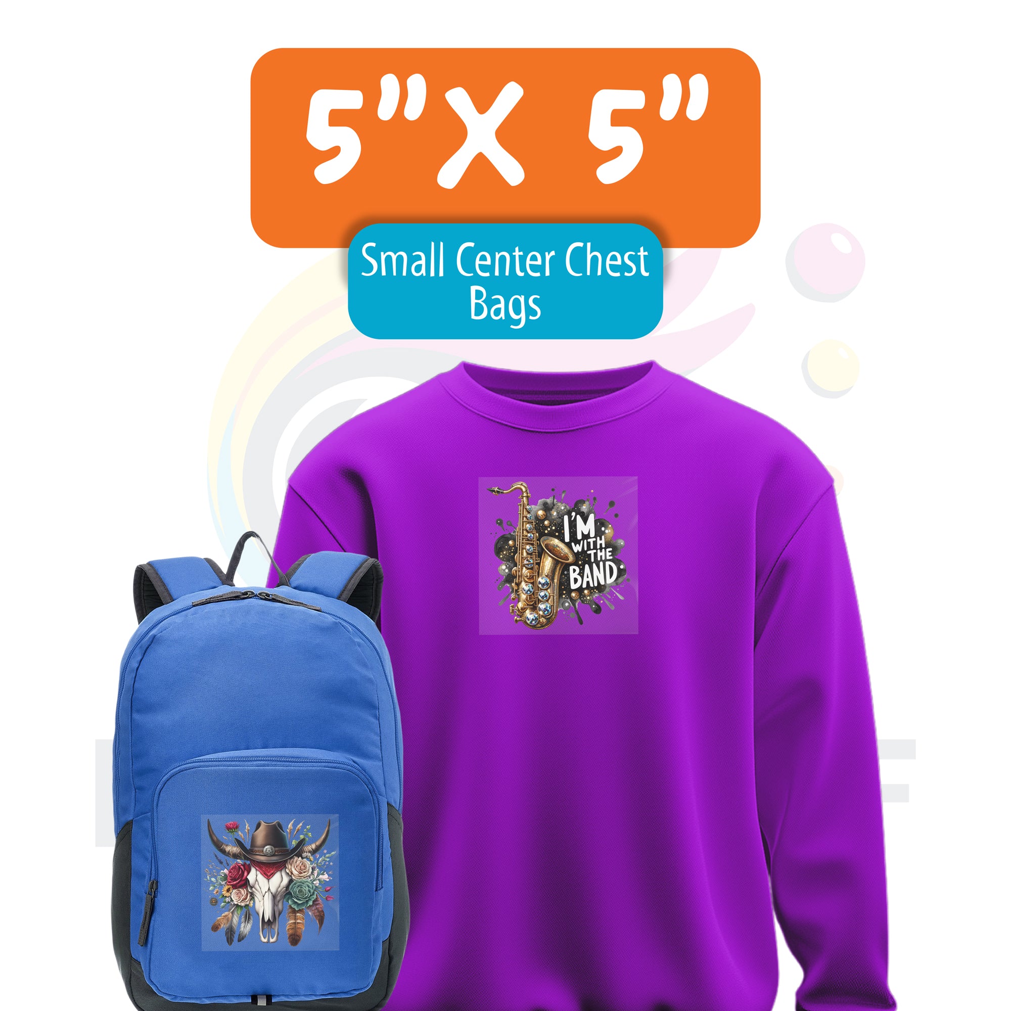 Purple hoodie and blue backpack featuring a 5x5 inch small center chest DTF transfer design.