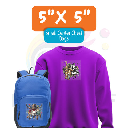 Purple hoodie and blue backpack featuring a 5x5 inch small center chest DTF transfer design.