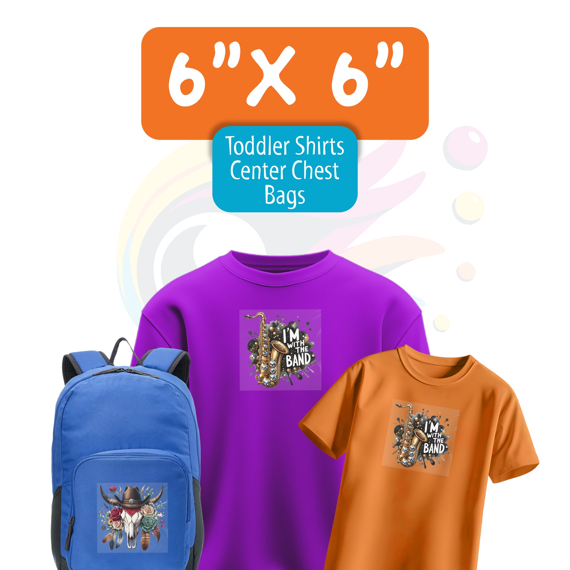 Purple hoodie, blue backpack, and toddler shirt showcasing a 6x6 inch center chest DTF print example.