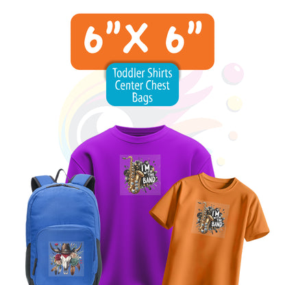 Purple hoodie, blue backpack, and toddler shirt showcasing a 6x6 inch center chest DTF print example.
