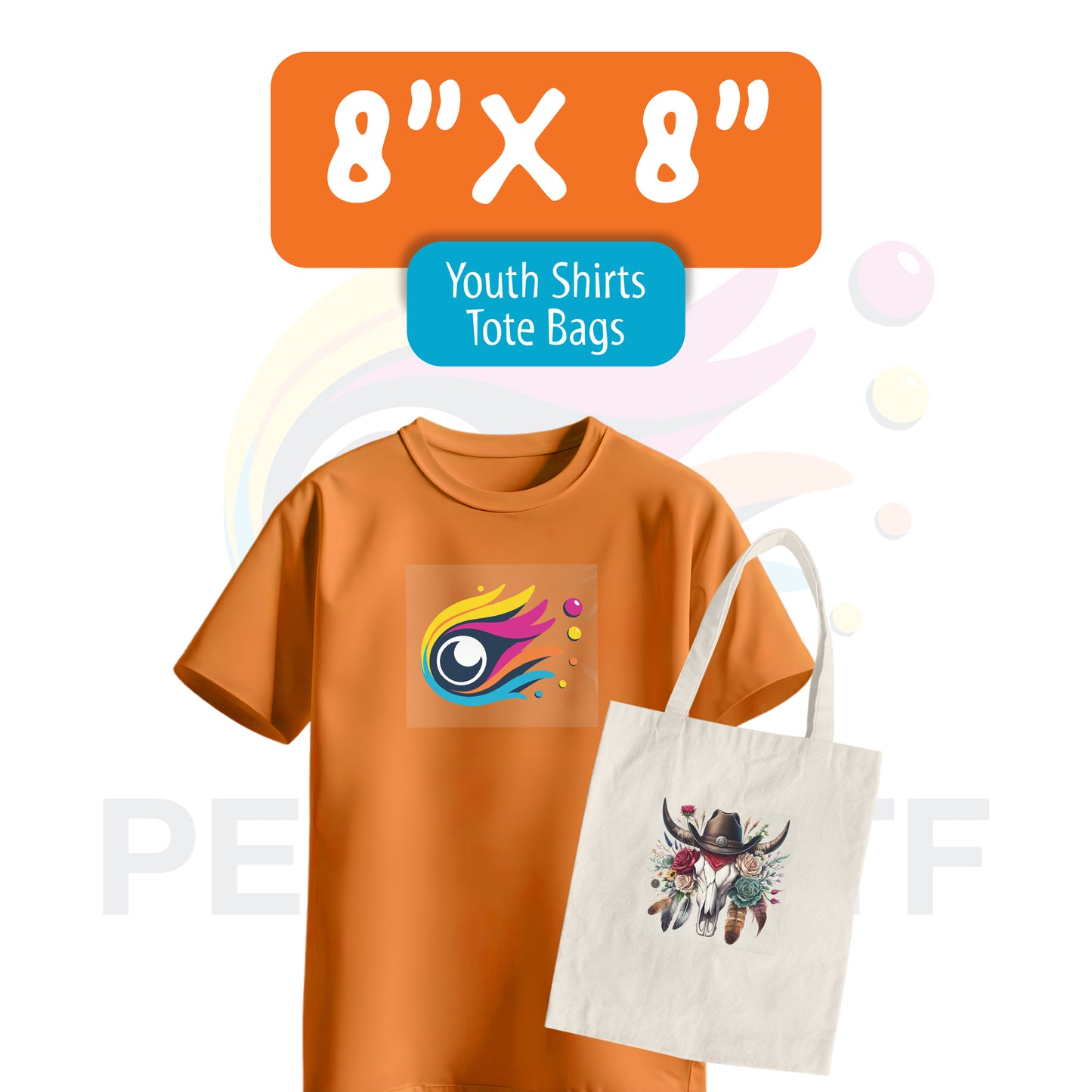 Orange youth shirt with an 8x8 inch DTF print, displayed together with a tote bag.