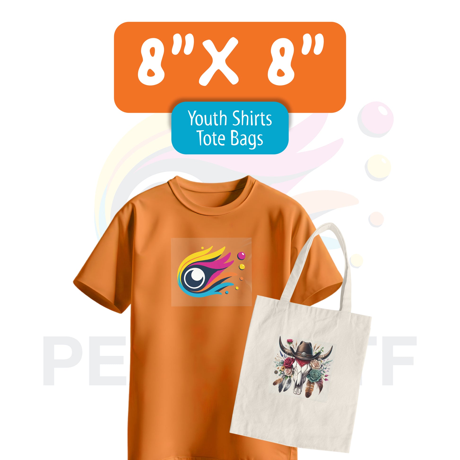 Orange youth shirt with an 8x8 inch DTF print, displayed together with a tote bag.