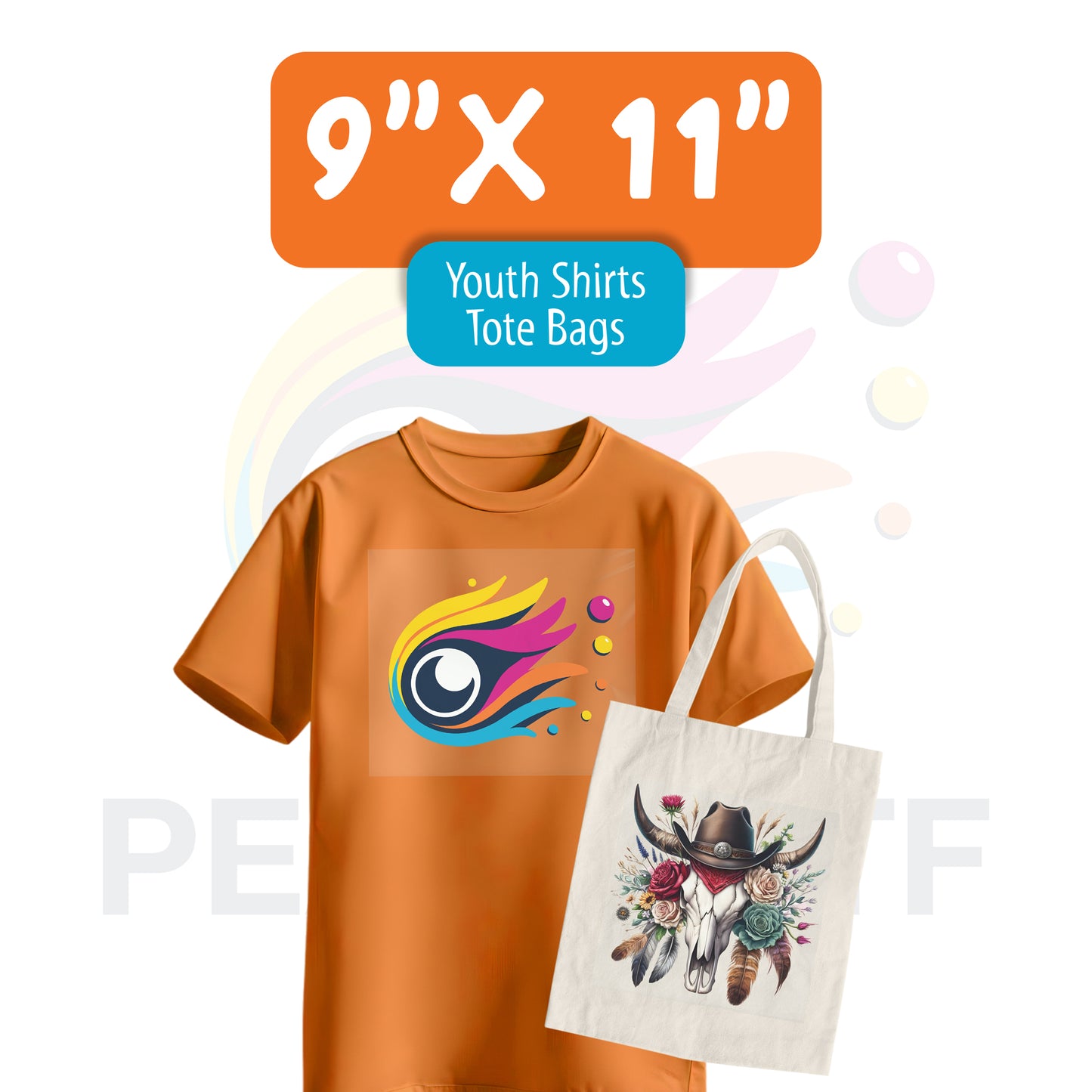 Orange youth t-shirt with a 9x11 inch DTF transfer print and a tote bag showing the same artwork.