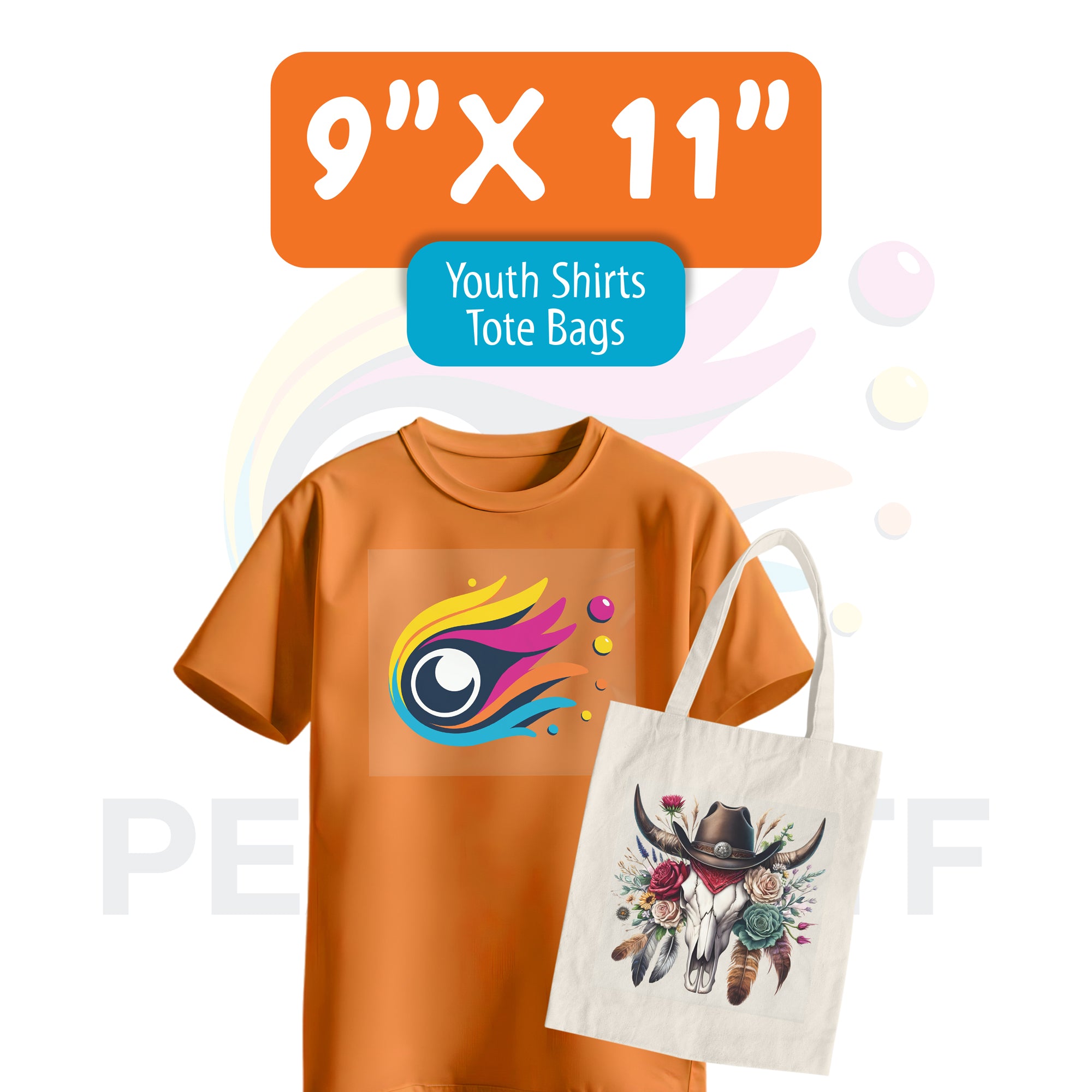 Orange youth t-shirt with a 9x11 inch DTF transfer print and a tote bag showing the same artwork.