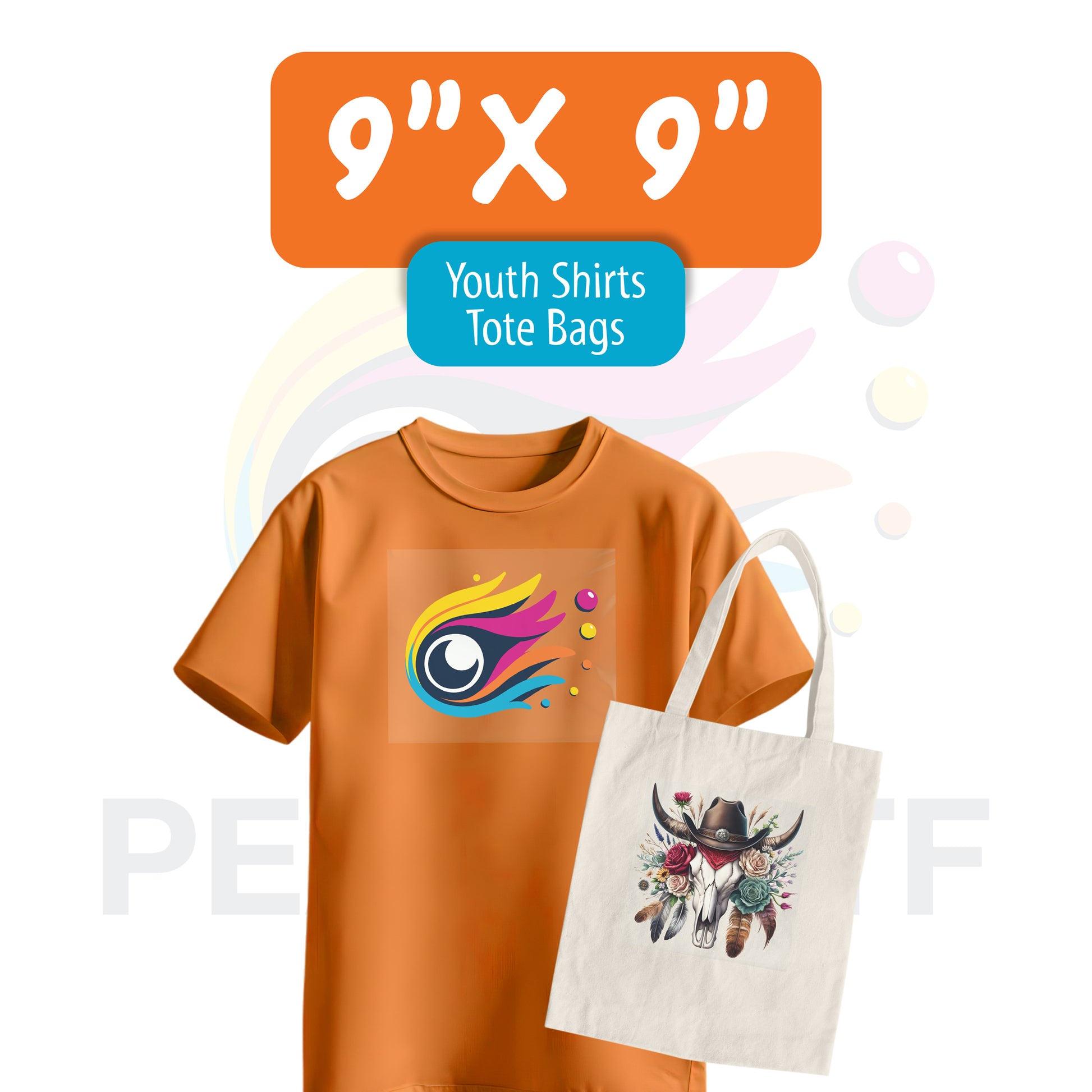 Orange youth shirt and tote bag previewing a 9x9 inch square DTF transfer print.